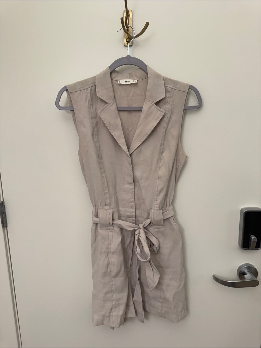 Mango Sleeveless Tie-Waist Romper in Light Taupe